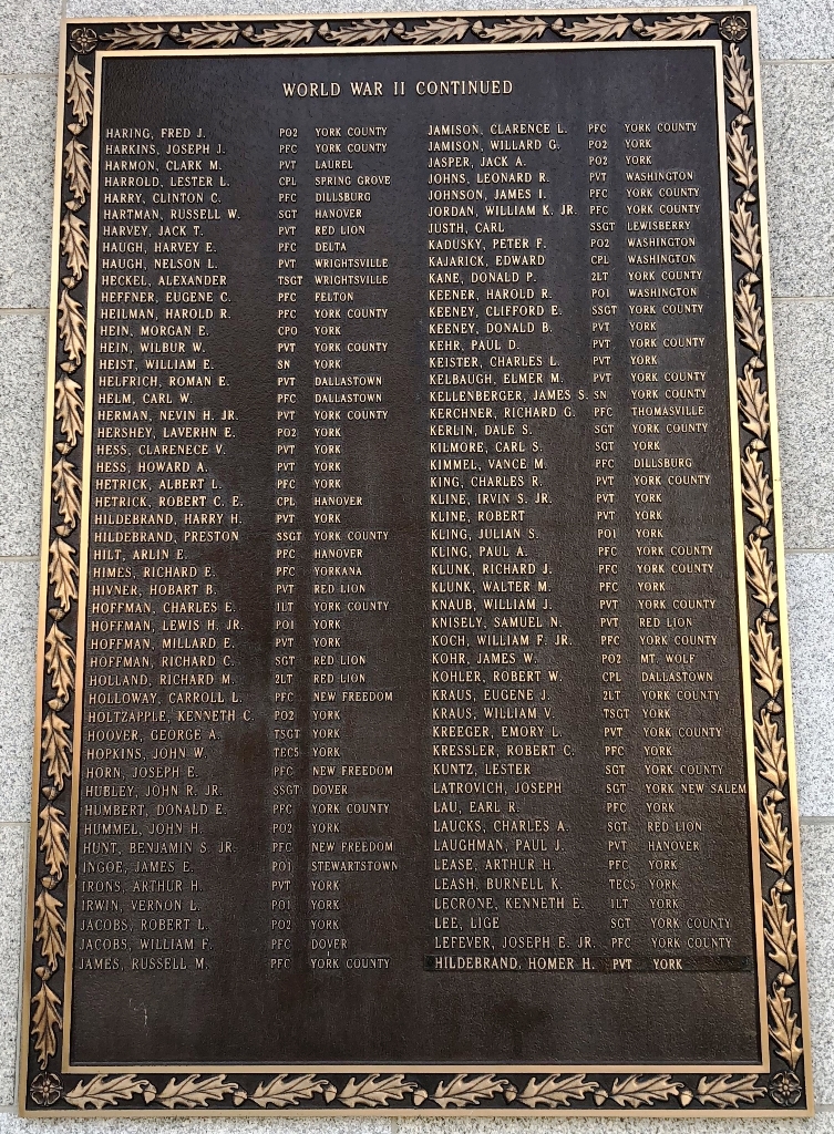 YORK COUNTY WORLD WAR II MEMORIAL PLAQUE C