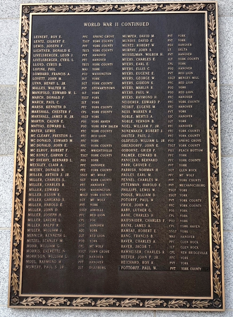 YORK COUNTY WORLD WAR II MEMORIAL PLAQUE D