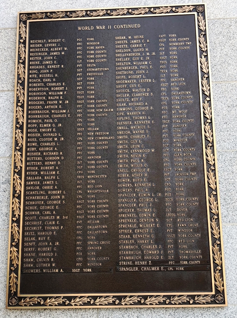 YORK COUNTY WORLD WAR II MEMORIAL PLAQUE E