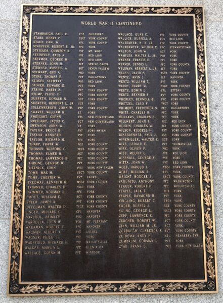 YORK COUNTY WORLD WAR II MEMORIAL PLAQUE F
