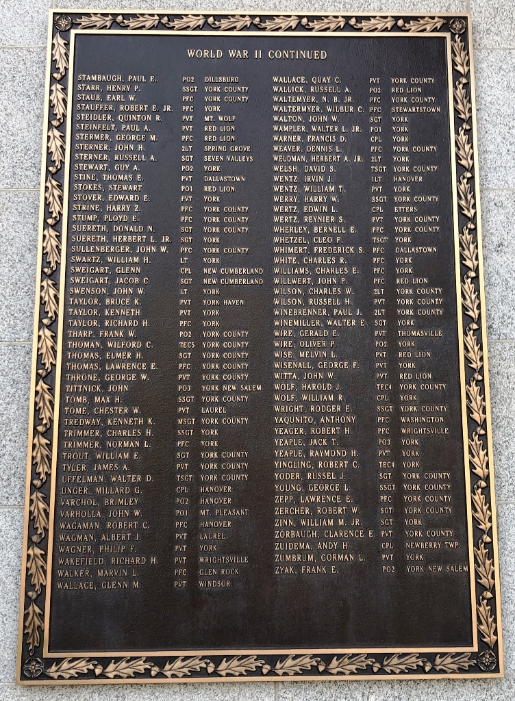 YORK COUNTY WORLD WAR II MEMORIAL PLAQUE F