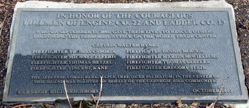 CARNEGIE HILL SEPTEMBER 11, 2001 WAR MEMORIAL TREE PLAQUE