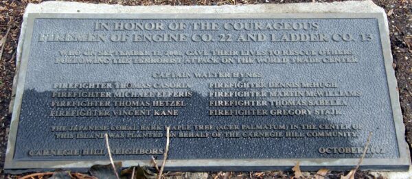 CARNEGIE HILL SEPTEMBER 11, 2001 WAR MEMORIAL TREE PLAQUE