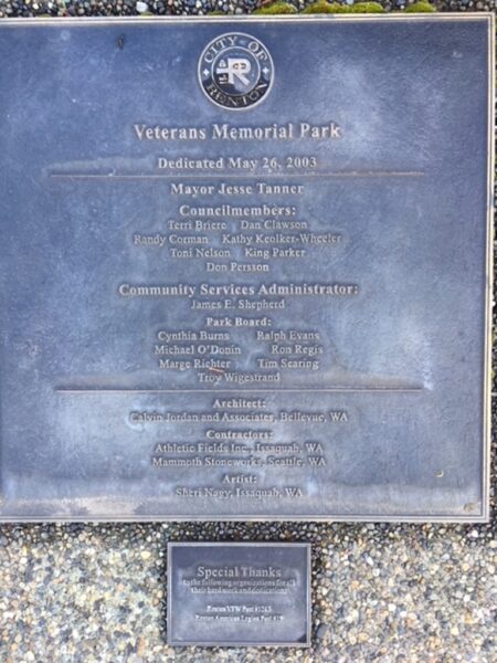 CITY OF RENTON VETERANS MEMORIAL PARK PLAQUE