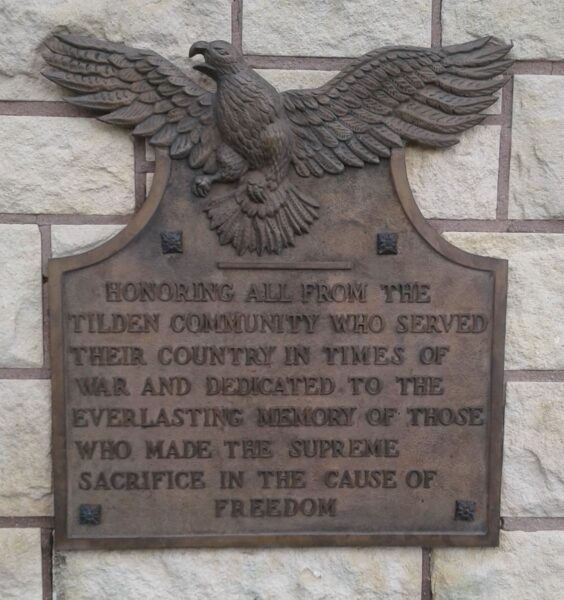 TILDEN COMMUNITY WAR VETERANS MEMORIAL PLAQUE