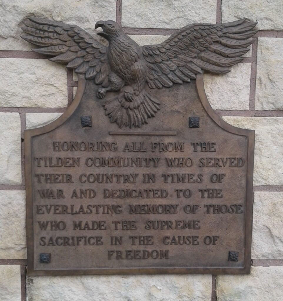 TILDEN COMMUNITY WAR VETERANS MEMORIAL PLAQUE