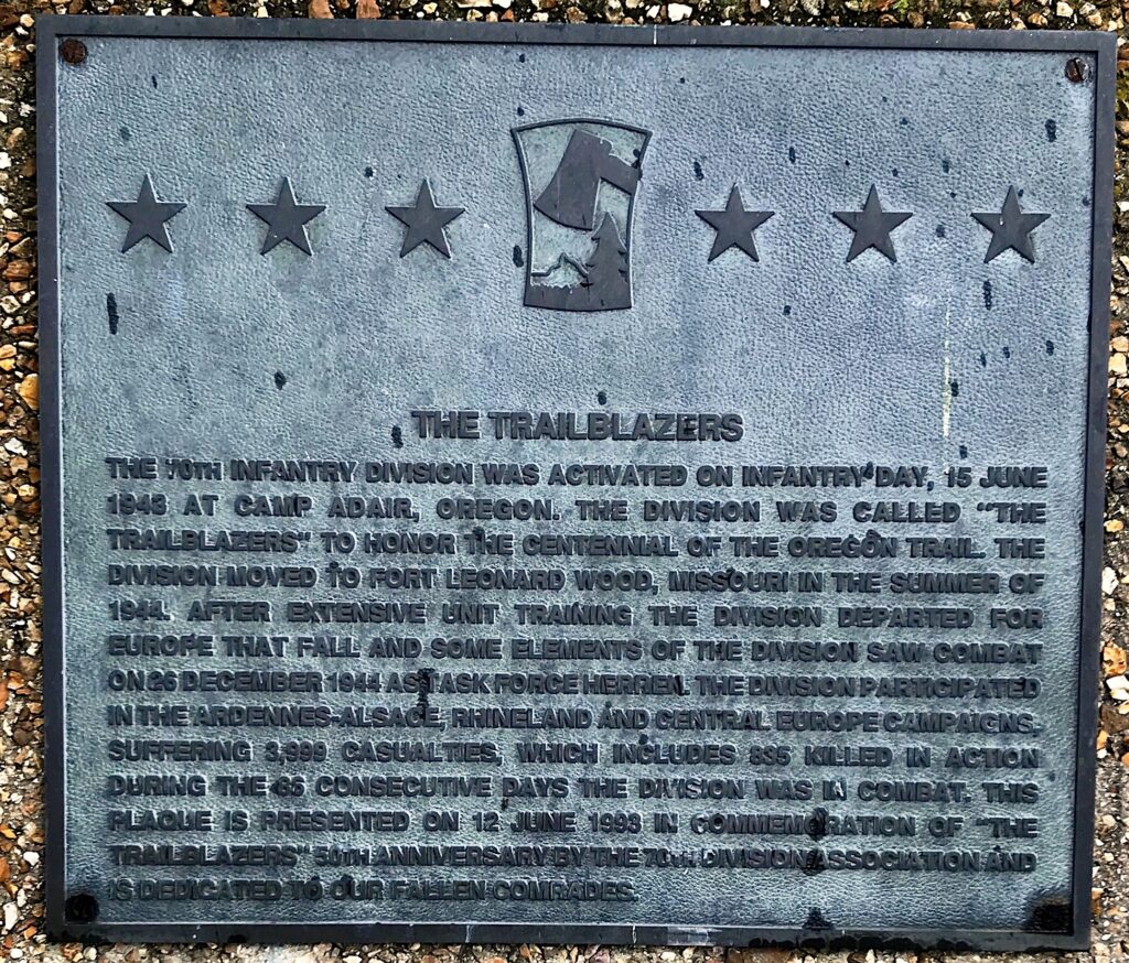 THE TRAILBLAZERS 70TH INFANTRY DIVISION WAR MEMORIAL PLAQUE