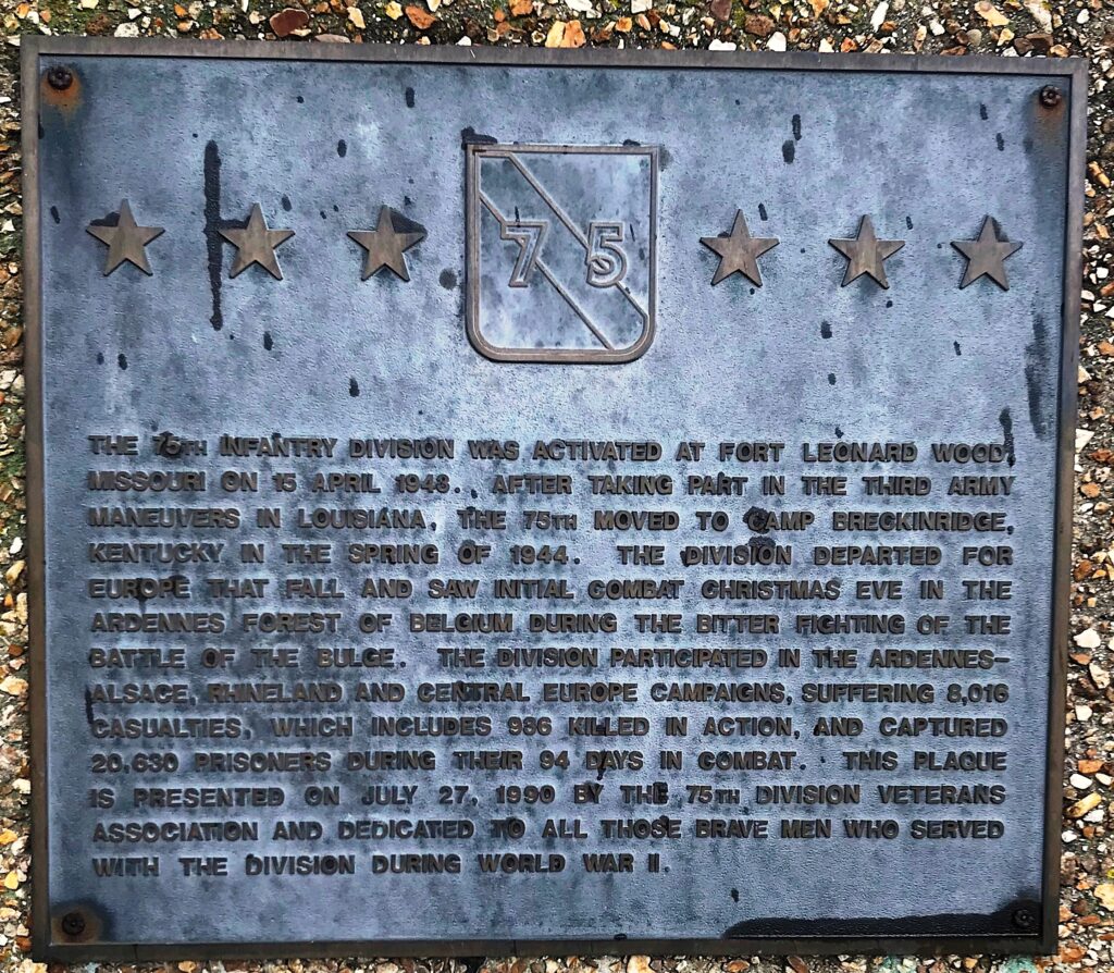 75TH INFANTRY DIVISION FORT LEONARD WOOD WAR MEMORIAL PLAQUE