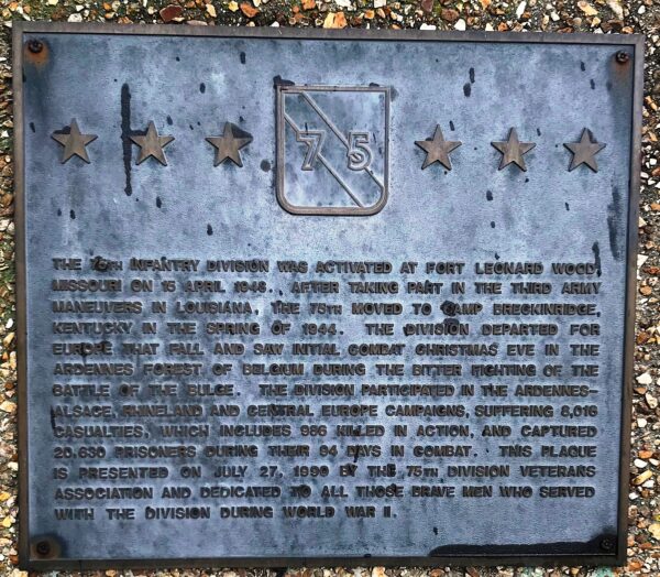 75TH INFANTRY DIVISION FORT LEONARD WOOD WAR MEMORIAL PLAQUE