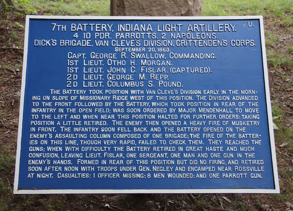 7TH BATTERY, INDIANA LIGHT ARTILLERY WAR MEMORIAL SEPTEMBER 20, 1863 PLAQUE