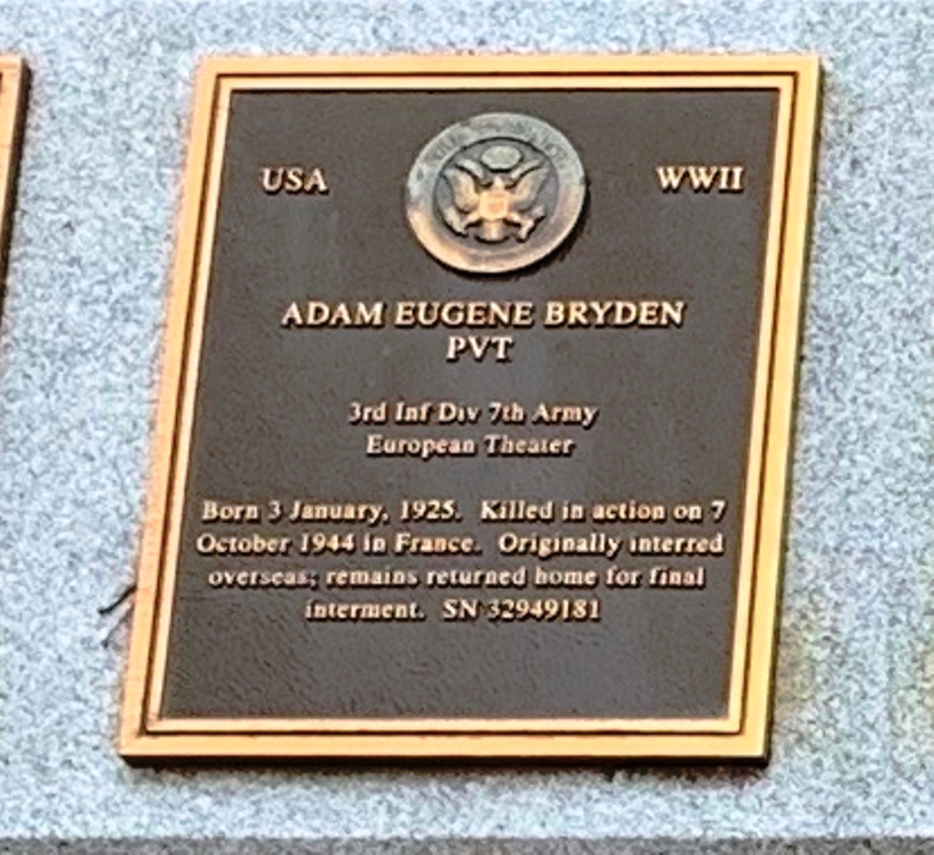 ADAM EUGENE BRYDEN WAR MEMORIAL PLAQUE