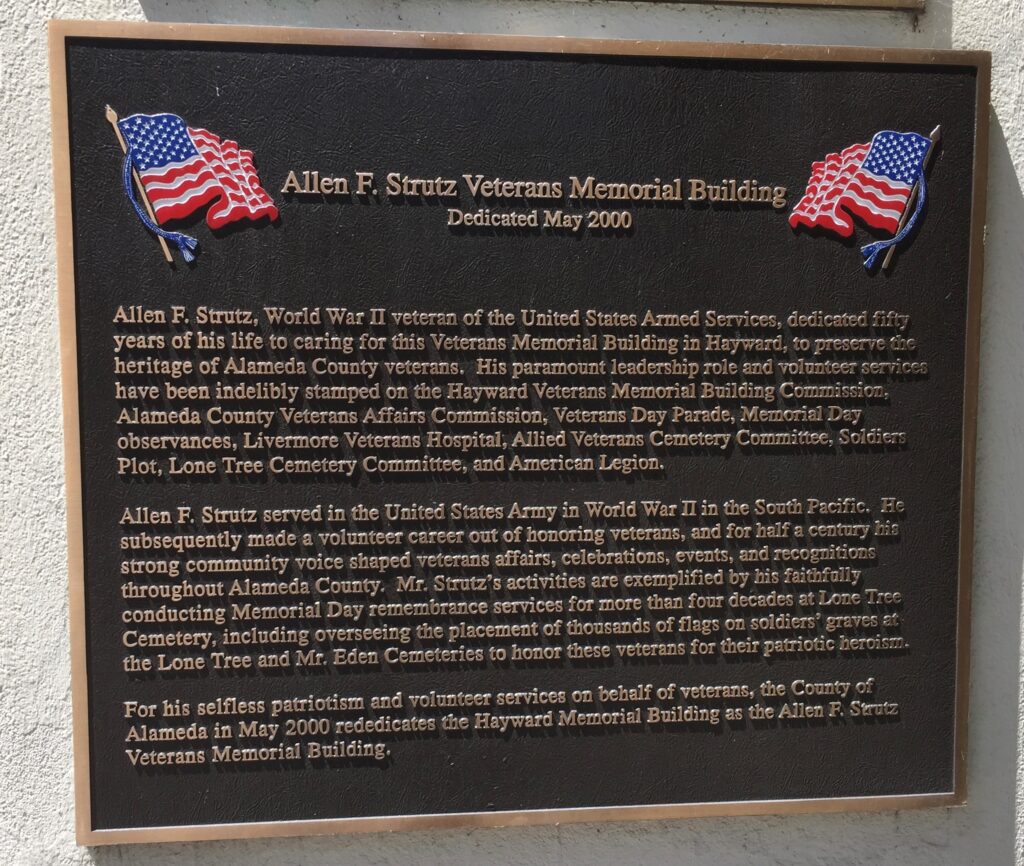 ALLEN F. STRUTZ VETERANS MEMORIAL BUILDING PLAQUE