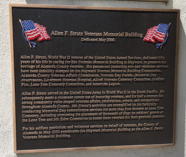 ALLEN F. STRUTZ VETERANS MEMORIAL BUILDING PLAQUE