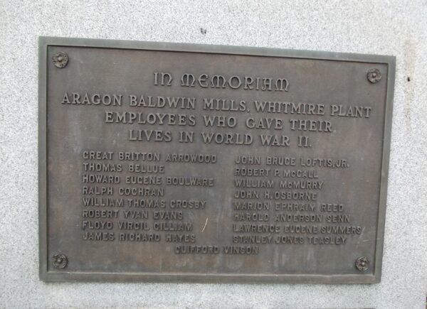 ARAGON BALDWIN MILLS, WHITMIRE PLANT WORLD WAR II EMPLOYEES MEMORIAL PLAQUE A