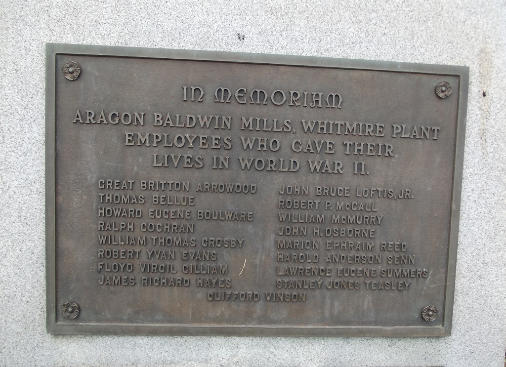 ARAGON BALDWIN MILLS, WHITMIRE PLANT WORLD WAR II EMPLOYEES MEMORIAL PLAQUE A