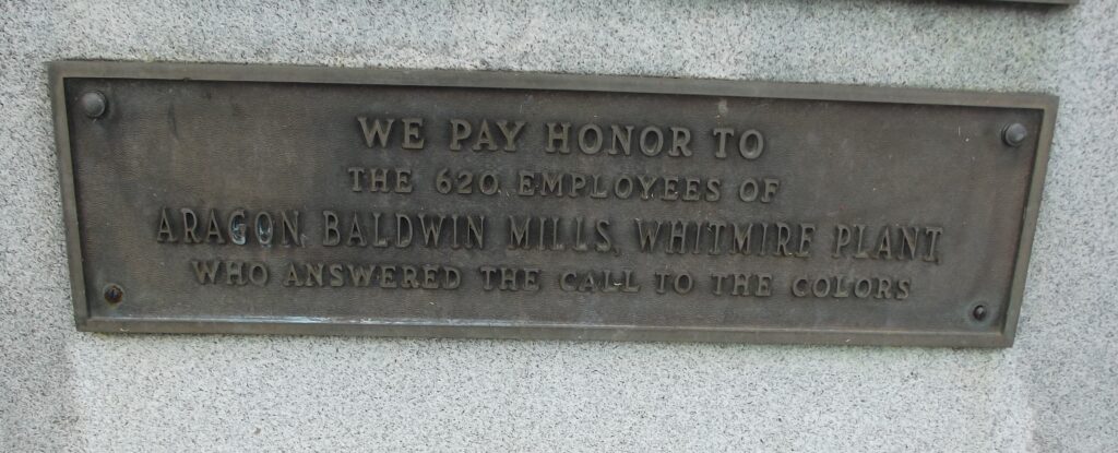 ARAGON BALDWIN MILLS, WHITMIRE PLANT WORLD WAR II EMPLOYEES MEMORIAL PLAQUE B