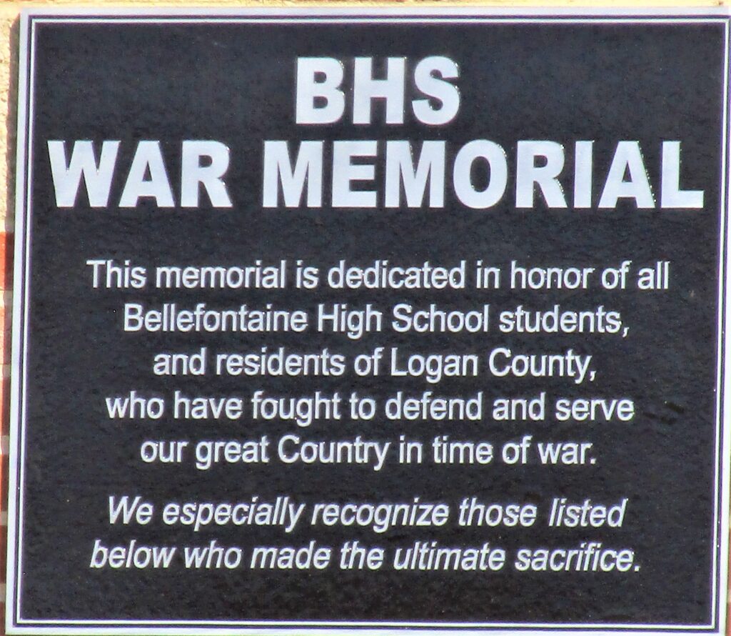 BELLEFONTAINE HIGH SCHOOL WAR MEMORIAL PLAQUE A