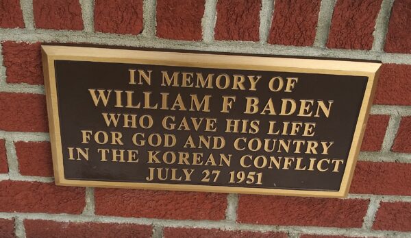 WILLIAM F BADEN WAR MEMORIAL PLAQUE