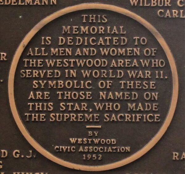 WESTWOOD AREA WORLD WAR II MEMORIAL PLAQUE A