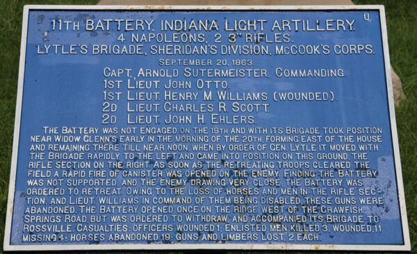 11TH BATTERY, INDIANA LIGHT ARTILLERY WAR MEMORIAL PLAQUE
