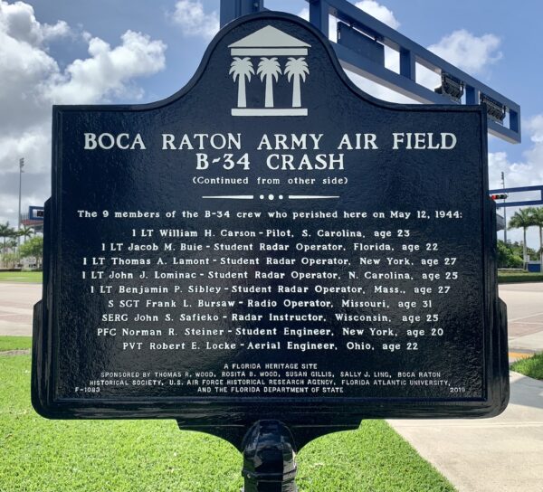BOCA RATON ARMY AIR FIELD B-34 CRASH MEMORIAL MARKER BACK