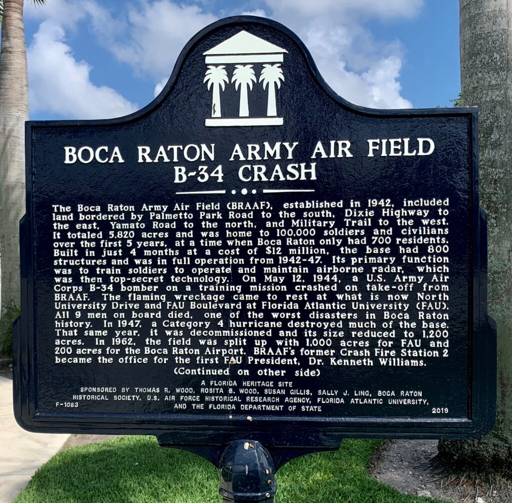 BOCA RATON ARMY AIR FIELD B-34 CRASH MEMORIAL MARKER FRONT