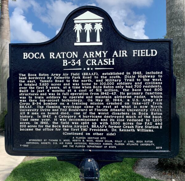 BOCA RATON ARMY AIR FIELD B-34 CRASH MEMORIAL MARKER FRONT