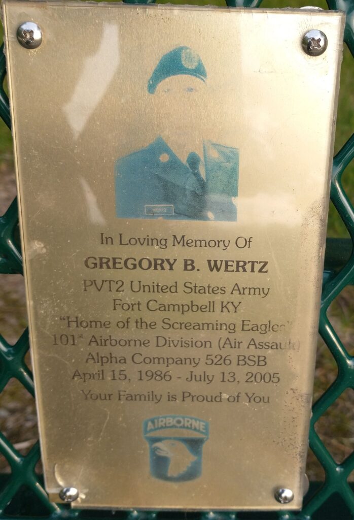 GREGORY B. WERTZ WAR MEMORIAL BENCH PLAQUE