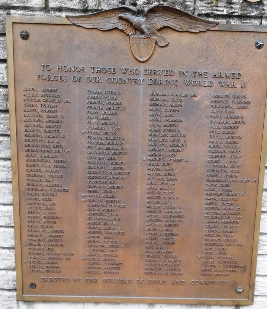 LYONS ARMED FORCES WAR VETERANS MEMORIAL PLAQUE