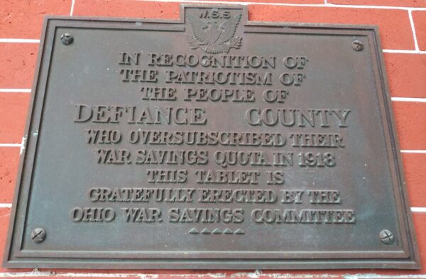 DEFIANCE COUNTY WAR SAVINGS QUOTA MEMORIAL PLAQUE