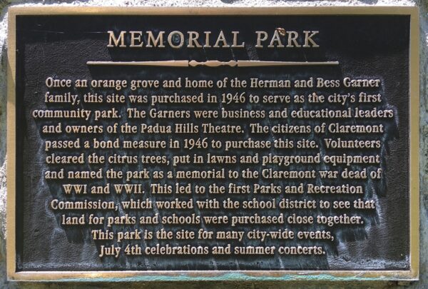 CLAREMONT MEMORIAL PARK PLAQUE
