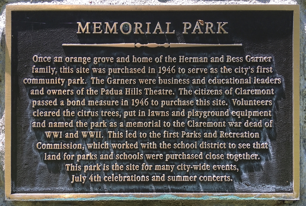 CLAREMONT MEMORIAL PARK PLAQUE