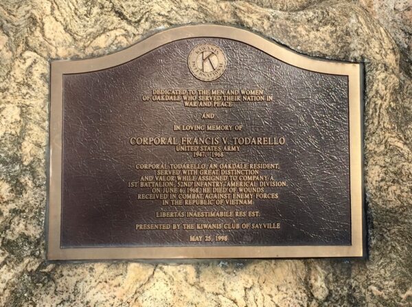 CORPORAL FRANCIS V. TODARELLO WAR MEMORIAL PLAQUE