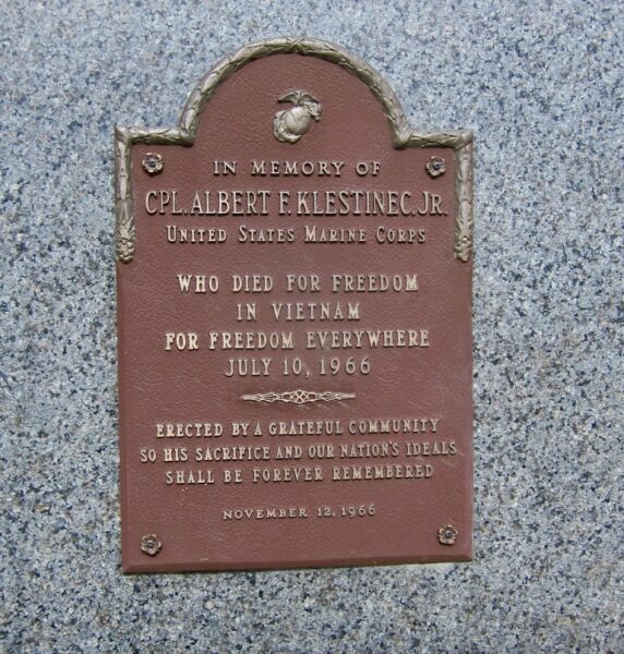 CPL. ALBERT F. KLESTINE, JR. WAR MEMORIAL PLAQUE
