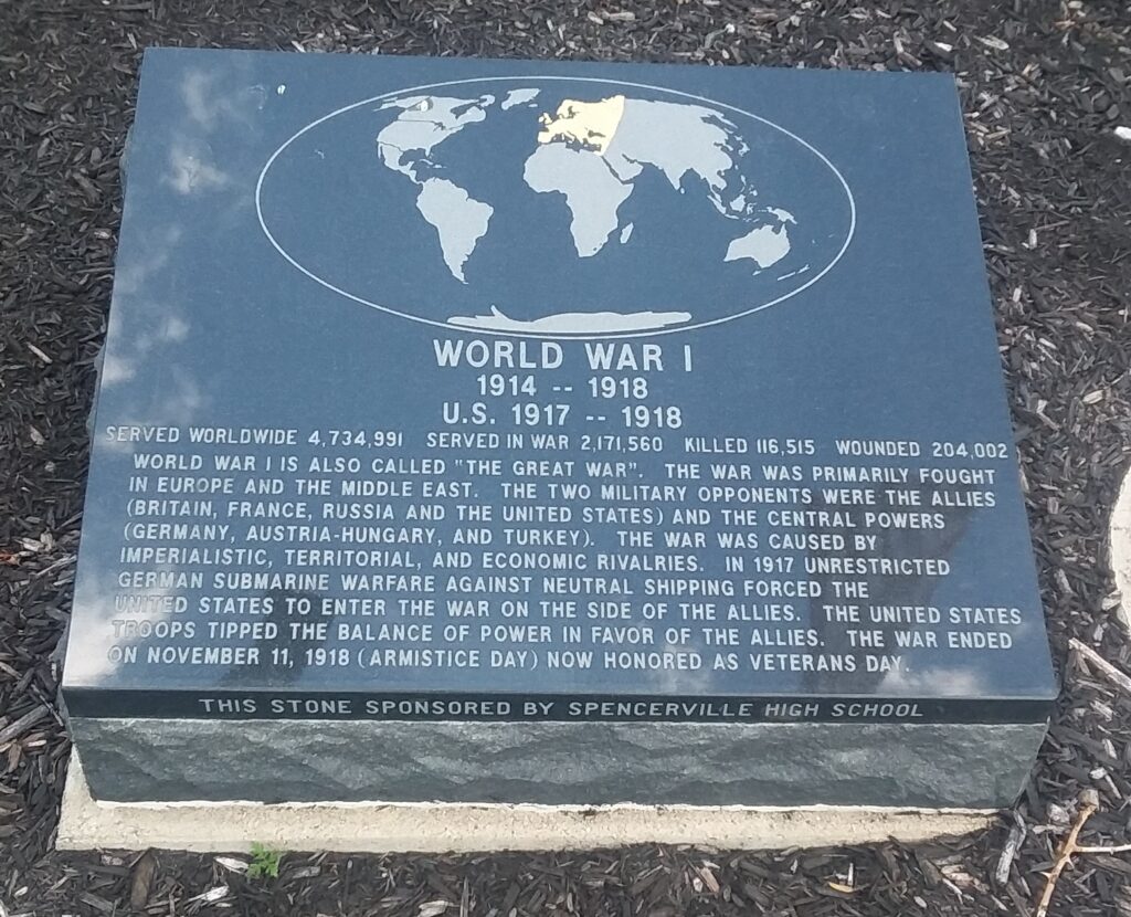 SPENCERVILLE WORLD WAR I MEMORIAL TABLET