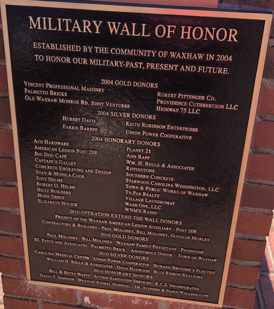 WAXHAW MILITARY WALL OF HONOR MEMORIAL PLAQUE A