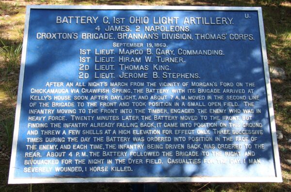 BATTERY C, 1ST OHIO LIGHT ARTILLERY SEPTEMBER 19, 1863 WAR MEMORIAL PLAQUE
