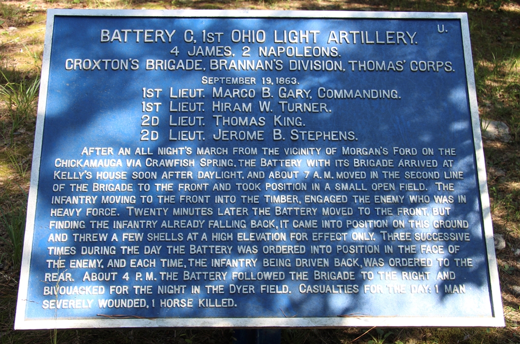 BATTERY C, 1ST OHIO LIGHT ARTILLERY SEPTEMBER 19, 1863 WAR MEMORIAL PLAQUE