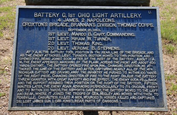BATTERY C, 1ST OHIO LIGHT ARTILLERY SEPTEMBER 20, 1863 WAR MEMORIAL PLAQUE