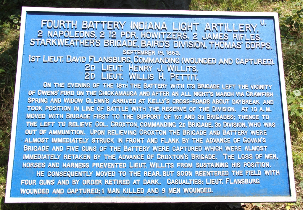 FOURTH BATTERY INDIANA LIGHT ARTILLERY WAR MEMORIAL PLAQUE