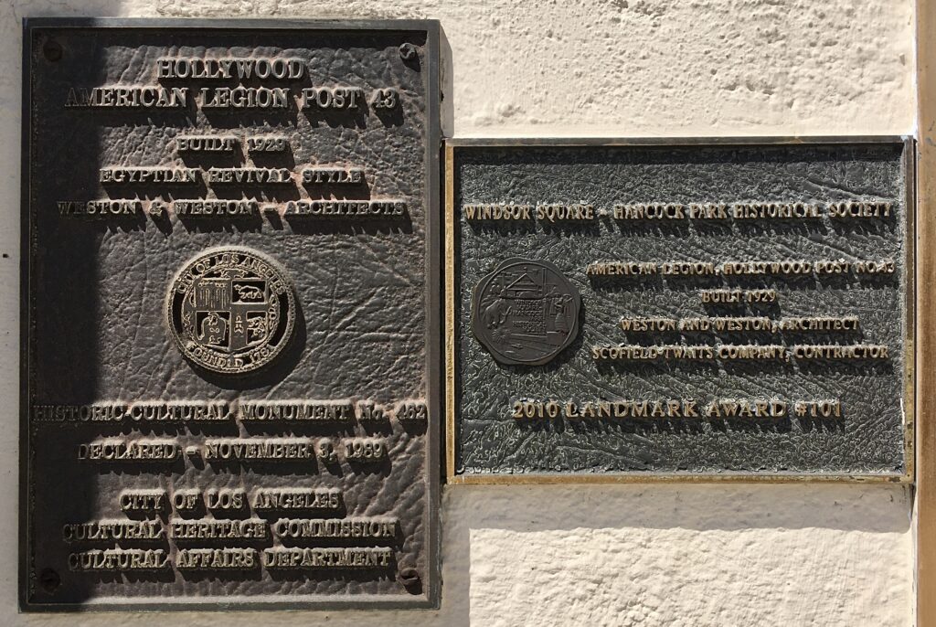 HOLLYWOOD AMERICAN LEGION POST 43 MEMORIAL BUILDING PLAQUE