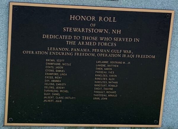 HONOR ROLL OF STEWARTSTOWN, NH MEMORIAL PLAQUE C