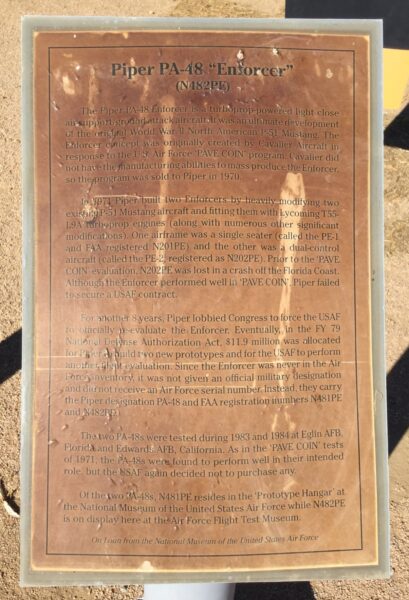 PIPER PA-48 “ENFORCER” WAR MEMORIAL PLAQUE