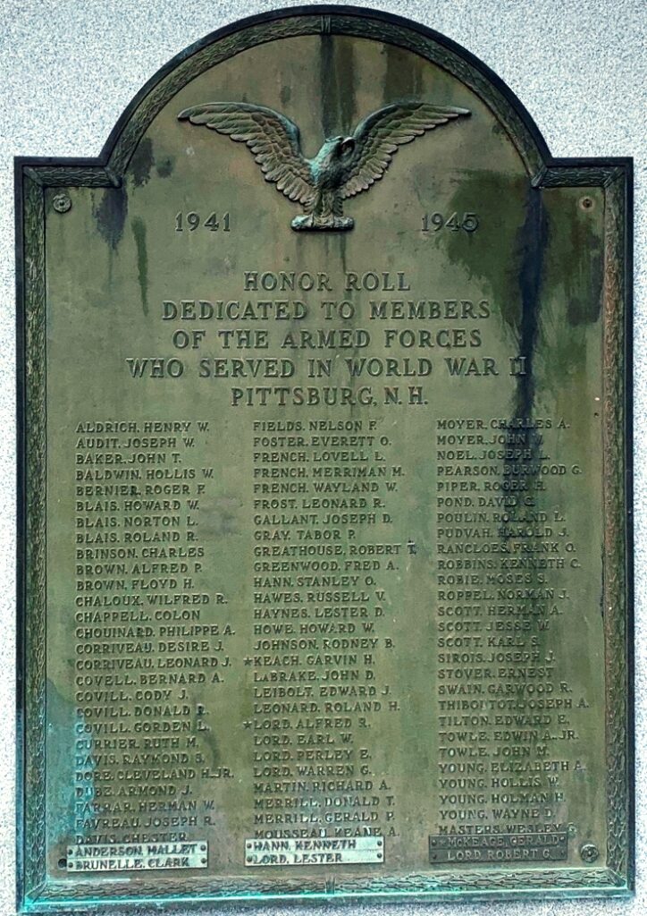 PITTSBURG, N.H. WORLD WAR II MEMORIAL PLAQUE