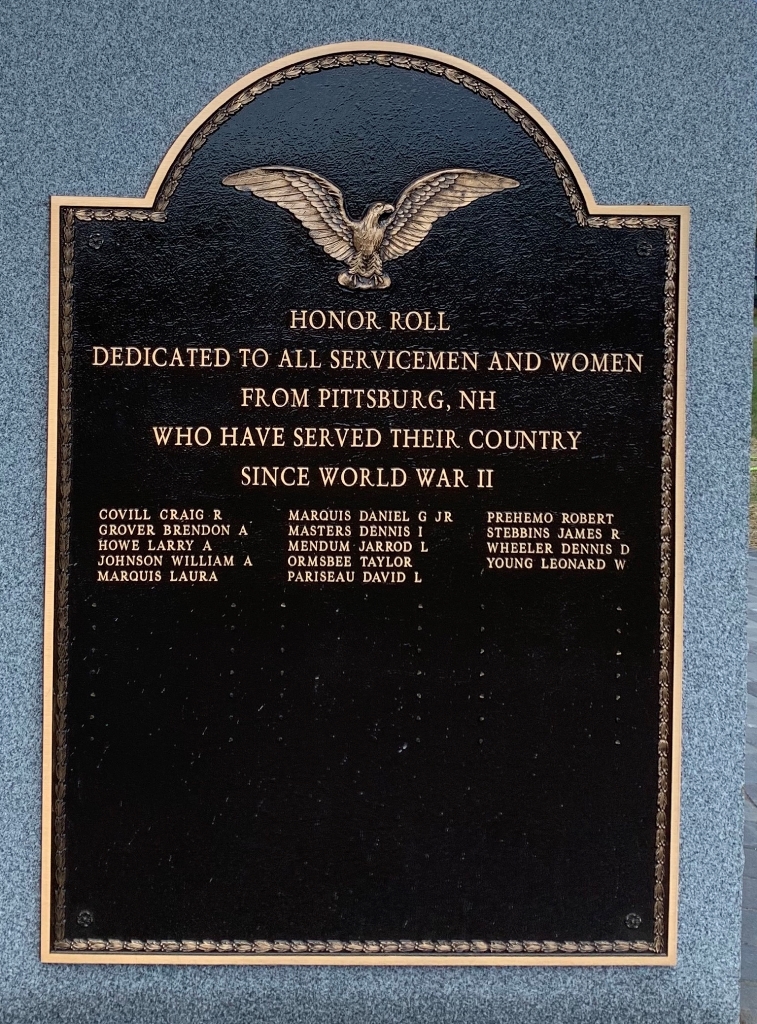 PITTSBURG, NH VETERANS SINCE WORLD WAR II MEMORIAL PLAQUE B