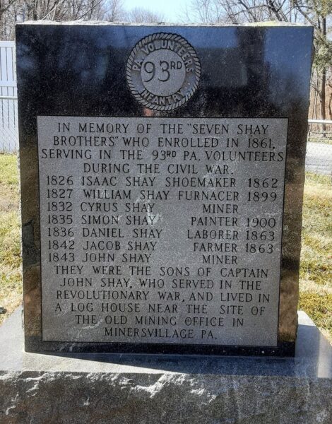 THE “SEVEN SHAY BROTHERS” 93RD PA. VOLUNTEERS INFANTRY MEMORIAL FRONT
