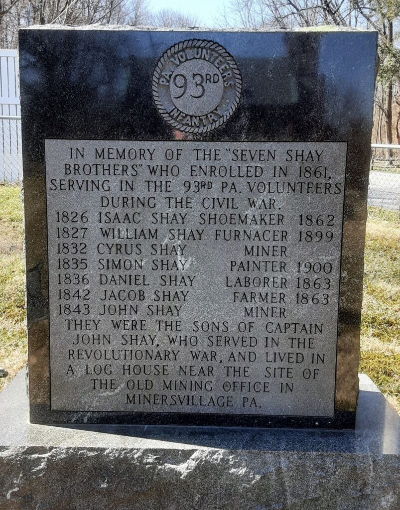 THE “SEVEN SHAY BROTHERS” 93RD PA. VOLUNTEERS INFANTRY MEMORIAL FRONT