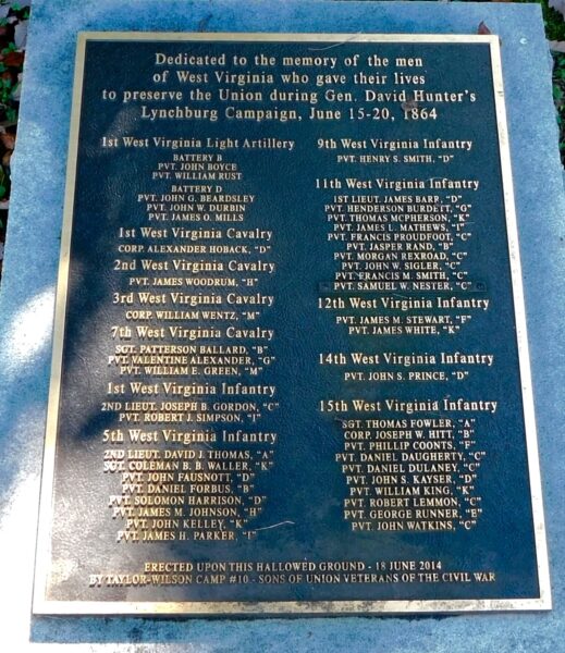 WEST VIRGINIA LYNCHBURG CAMPAIGN WAR MEMORIAL PLAQUE