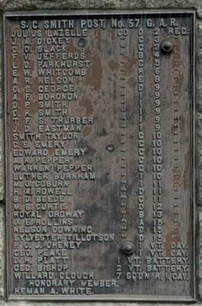 S.C. SMITH POST NO. 57 G.A.R. WAR MEMORIAL PLAQUE A