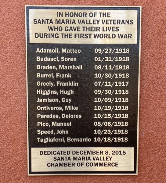 SANTA MARIA VALLEY WORLD WAR I MEMORIAL PLAQUE